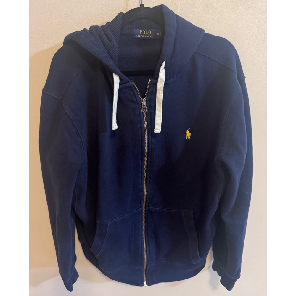 Polo Ralph Lauren XL Navy Waffle Full Zip Hoodie Classic Americana Yellow Pony